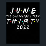 30th Birthday June The One Where I Turn 30 2022 Poster<br><div class="desc">30th Birthday June The One Where I Turn 30 2022 Mens Women Gift. Perfect gift for your dad,  mom,  papa,  men,  women,  friend and family members on Thanksgiving Day,  Christmas Day,  Mothers Day,  Fathers Day,  4th of July,  1776 Independent day,  Veterans Day,  Halloween Day,  Patrick's Day</div>