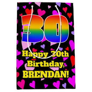 30th Birthday: Loving Hearts Pattern, Rainbow # 30 Mittlere Geschenktüte