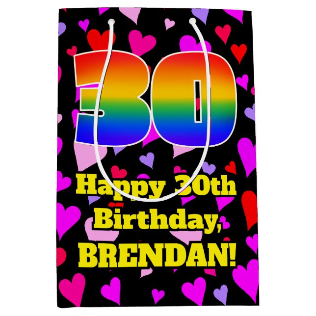 30th Birthday: Loving Hearts Pattern, Rainbow # 30 Mittlere Geschenktüte (Vorderseite)