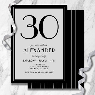 30th Birthday Modern Minimalist Mens Black Gray Einladung