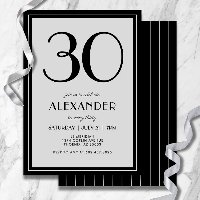 30th Birthday Modern Minimalist Mens Black Gray Einladung (Refined black and gray stripes add modern flair to your 30th celebration.)
