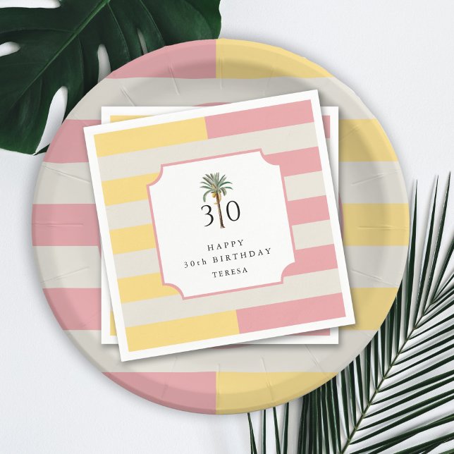 30th Birthday Palm Beach Pastel Stripe Tropical Serviette (Von Creator hochgeladen)