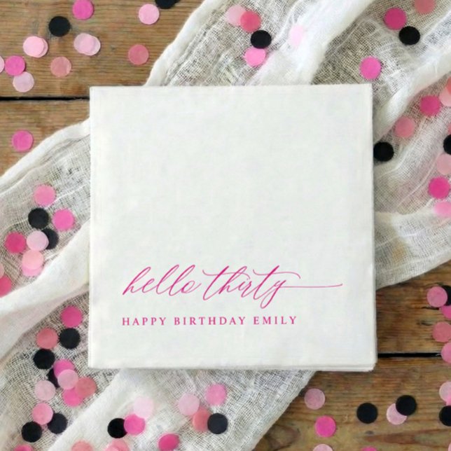 30th Birthday Party Hello 30 Modern Pink Serviette (Pink hello 30 elegant script 30th birthday party napkins)