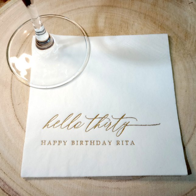 30th Birthday Party Modern Elegant Hello Thirty Servietten Mit Folie (Hello Thirty - 30th Birthday Party Napkins: Gold foil personalized modern birthday party napkins.)