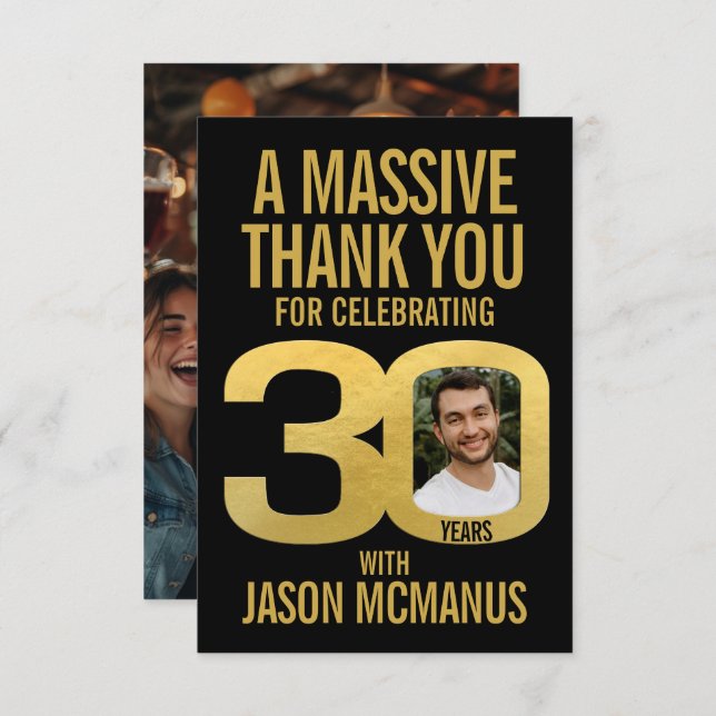 30th birthday photo thanks black and gold  dankeskarte (Vorne/Hinten)