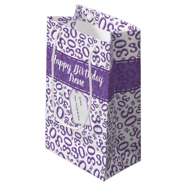 30th Birthday Random Number Pattern Purple/White Kleine Geschenktüte (Vorderseite Schrägansicht)