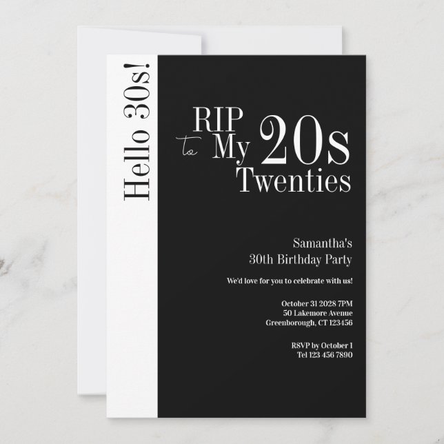 30th Birthday RIP 20s Hello 30s Party Black White Einladung (Vorderseite)