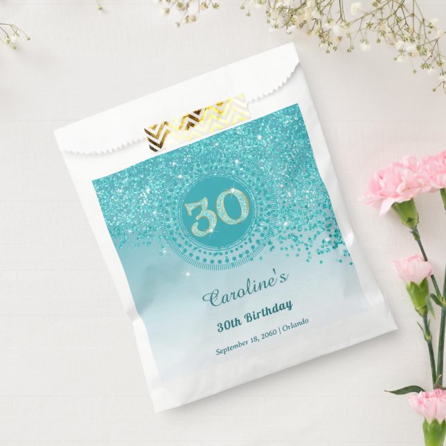 30th Birthday | Sparkling Teal Blue Gold Glitter Geschenktütchen (Versiegelt)