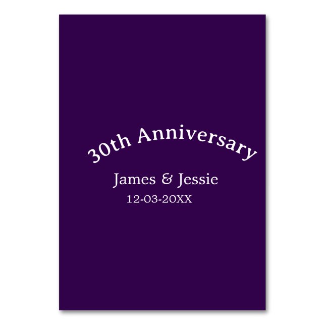 30th wedding anniversary name date purple simple  tischnummer (Vorderseite)
