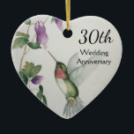 30th Wedding Anniversary Pretty Bird Flowers Heart<br><div class="desc">Celebrate a special 30th wedding anniversary with a personalized heart ornament. The pretty hummingbird and flowers design was created from my original watercolor painting in pastel shades of pink,  cream,  grey and green. Delight in this festive holiday ornament and romantic keepsake.</div>