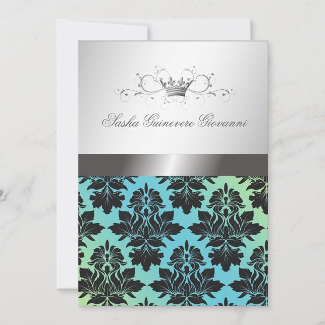 311-BlackBerry Damask Ribbon Türkis Limon Einladung (Vorderseite)