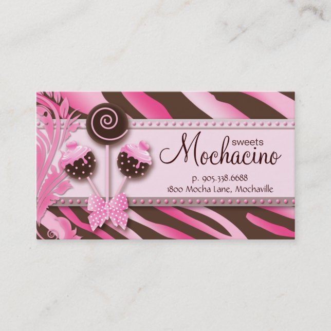 311 Cake Pops Business Card Bäckerei Pink Brwn Zeb Visitenkarte (Vorderseite)