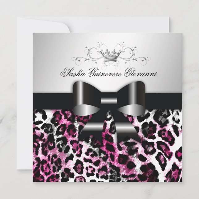 311 Chic Hot Black n Pink Leopard Bow| Süß 16 Einladung (Vorderseite)