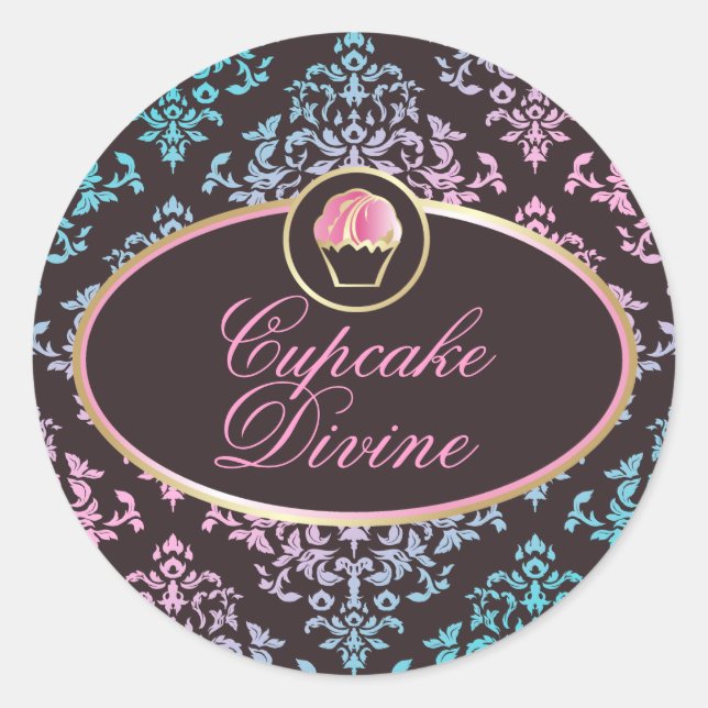 311 Cupcake Divine Pink Aqua Damask Aufkleber (Vorderseite)
