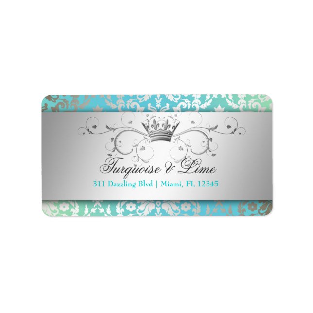 311 Dazzling Damask Türkis & Limon Black Adressaufkleber (Vorne)