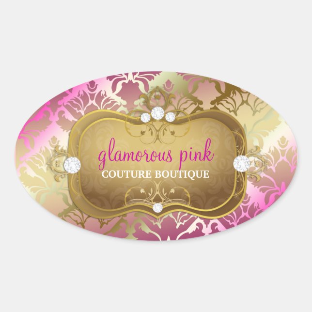 311 Glamour Golden Pink Damask Ovaler Aufkleber (Vorderseite)