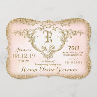 311 Gold Glitzer Monogram Einladung zum Geburtstag
