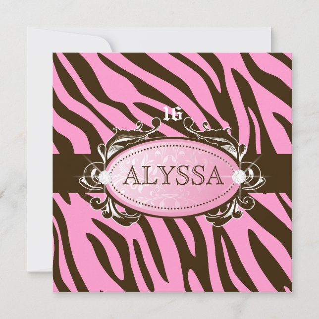 311-Luxuriös rosa N Brown Zebra Sweet 16 Einladung (Vorderseite)