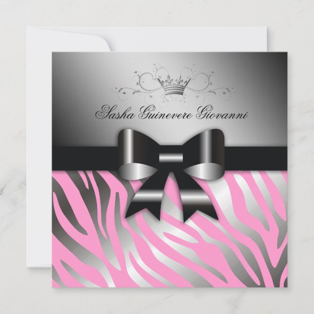 311-Night Zebra Shimmer Black Bow Pink| 30 Einladung (Vorderseite)