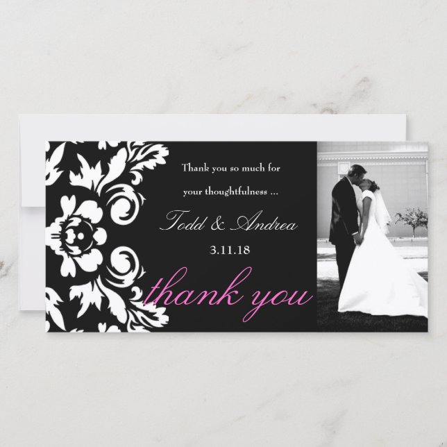 311-White Damask Wedding Danke Foto Card (Vorderseite)