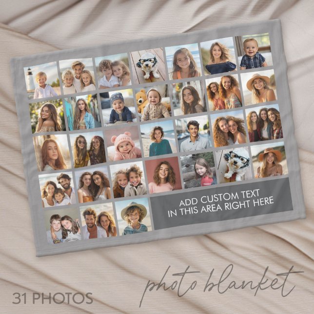 31-Foto-Collage-Raster - Textfeld - grau Fleecedecke (Photo Blanket - Custom Pictures in a Collage)