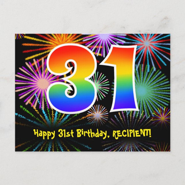 31. Geburtstag - Fun Fireworks Pattern + Regenboge Postkarte (Vorderseite)