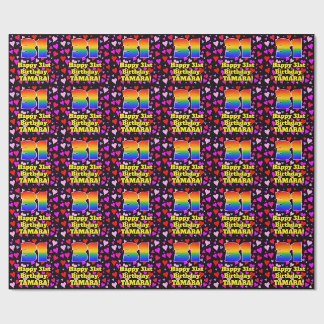 31. Geburtstag: Loving Hearts Pattern, Regenbogen  Geschenkpapier (Flach)