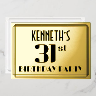 31. Geburtstagsfeier: Art Deco-Look „31“ und Name Folieneinladung