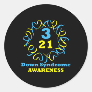 321 Down Syndrome Awareness Ribbon blau und gelb Runder Aufkleber