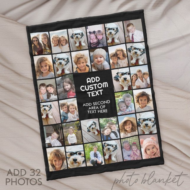 32 Foto-Collage Modern Quadratisch Schwarz und Wei Fleecedecke (Custom Photo Blanket with Photos)