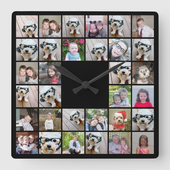 32 Foto von Collage Modern Square Layout Black Quadratische Wanduhr (Vorderseite)