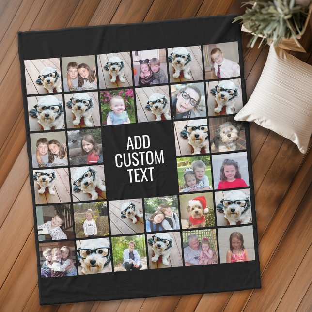 32 FotoCollage Modernes Quadrat Schwarz - Weißer T Fleecedecke (Personalized fleece blanket with 32 photos and text)