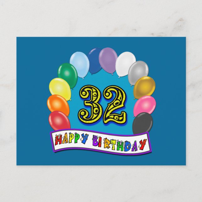 32. Geburtstag Balloons Geschenke Postkarte (Vorderseite)