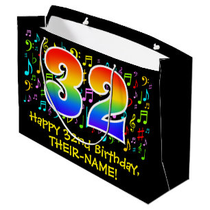 32. Geburtstag - Farbige Musiksymbole, Regenbogen  Große Geschenktüte