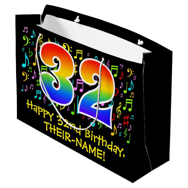 32. Geburtstag - Farbige Musiksymbole, Regenbogen  Große Geschenktüte (Rückseite Schrägansicht)