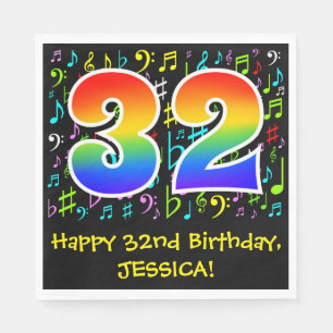 32. Geburtstag - Farbige Musiksymbole, Regenbogen Serviette