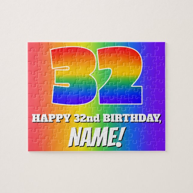 32. Geburtstag — mehrfarbiges Regenbogenmuster "32 Puzzle (Horizontal)