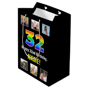 32. Geburtstag: Regenbogen "32", benutzerdefiniert Mittlere Geschenktüte