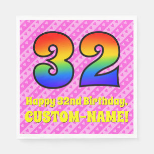 32. Geburtstag: Rosa Streifen & Herz, Regenbogen # Serviette