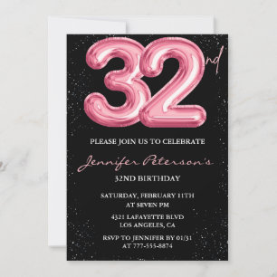 32. Geburtstagseinladungen Pink Balloon Glam Black Einladung