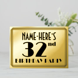 32. Geburtstagsparty — Art Deco Look "32" + Name Folieneinladung