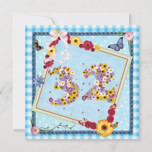 32. Geburtstagsparty Einladung Blume, Schmetterlin (Vorderseite)
