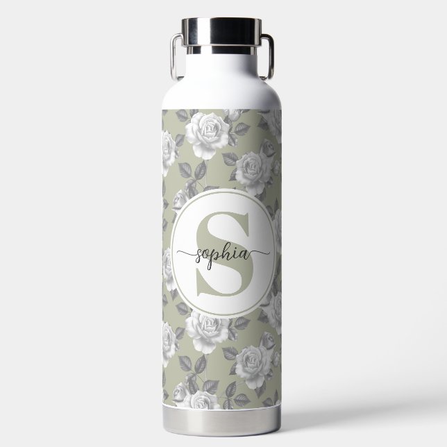 32 oz.Rose Garden Monogram Sage Green Water Flasch Trinkflasche (Vorderseite)