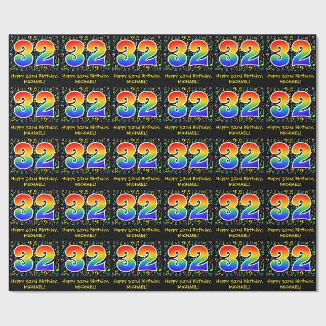 32nd Birthday: Colorful Music Symbolik, Rainbow 32 Geschenkpapier (Flach)