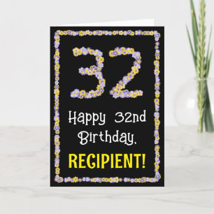 32nd Birthday: Floral Flowers Number, Custom Name Karte