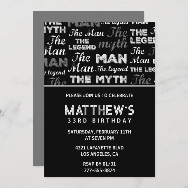 33. Geburtstag Einladungen Männer der Mythos der L (Vorne/Hinten)