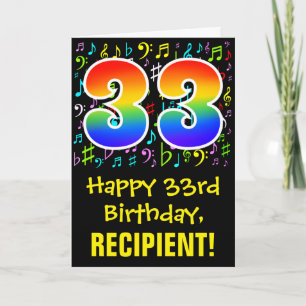 33. Geburtstag: Farbige Musiksymbole + Regenbogen Karte