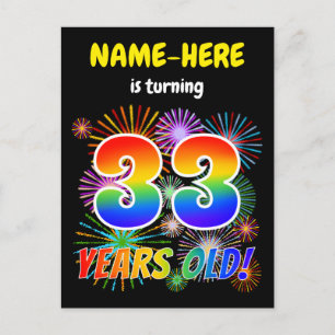 33. Geburtstag - Fun Fireworks, Regenbogen Look "3 Postkarte
