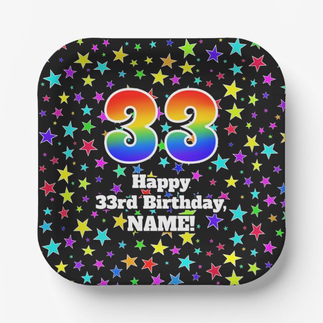 33. Geburtstag: Fun Stars Muster und Regenbogen "3 Pappteller (Vorderseite)