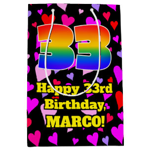 33. Geburtstag: Loving Hearts Pattern, Regenbogen  Mittlere Geschenktüte